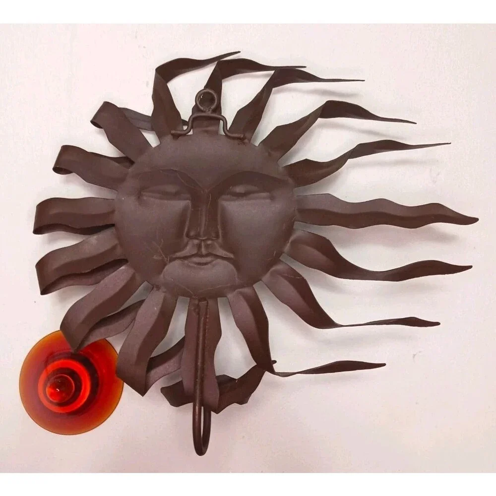 Vtg Metal Wall Art Wind Blown Sun Face Burst Amber Candle Holder Celestial Decor